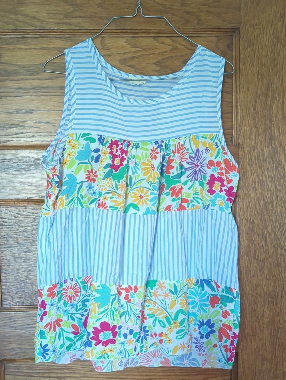 Lovely Melody Sleeveless Blue Striped & Floral Patchwork Tank Top